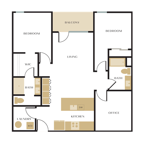 Floor plan for 2 beds, 2 baths, 1185 sqft